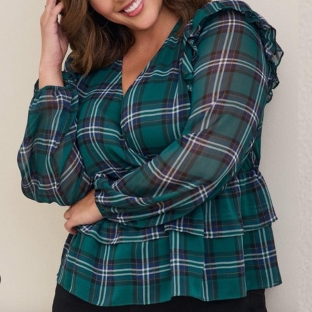 Torrid Preppy Romantic Academia green plaid ruffle long sleeve blouse large